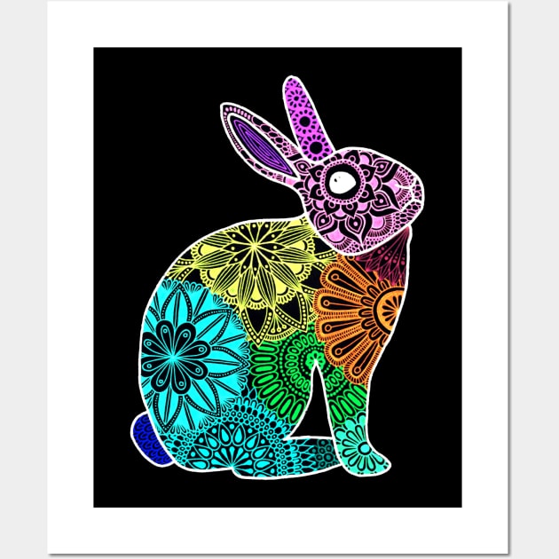 Neon rainbow rabbit mandala Wall Art by calenbundalas